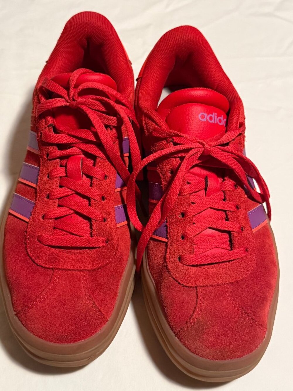 adidas Red Suede Platform Sneakers with Purple Stripes and Platform Gum Sole